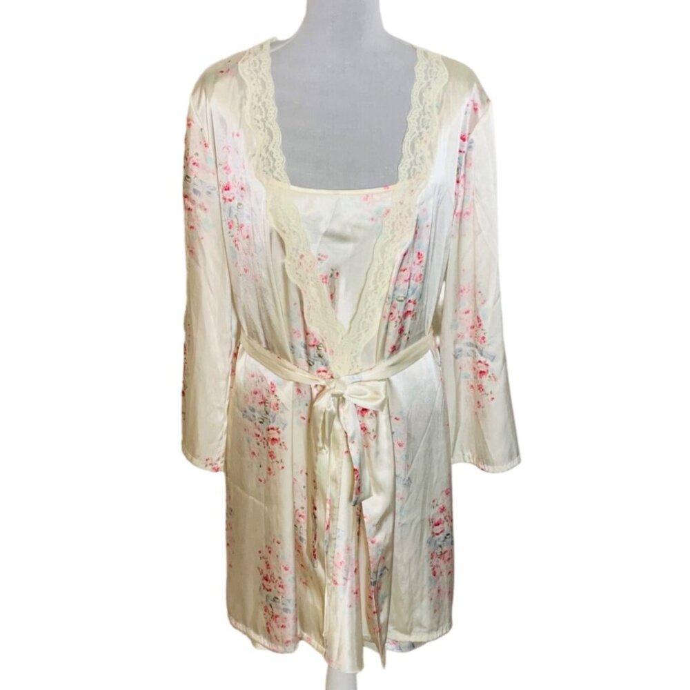 Pink K Floral Sleepwear Size L Satin Robe Nightgown Set Lace Trim Belted VTG Y2K